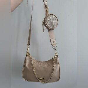 Beaded Round Crossbody Bag in Beige
